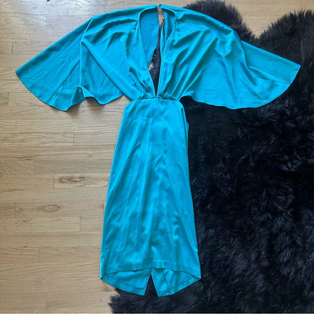ASOS Satin Cape Kimono Sleeve Deep Plunge Midi Dress - Turquoise - Size 4 - NWT